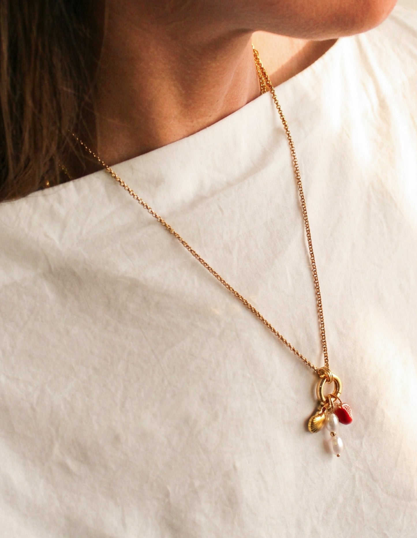 14K Gold Plated Charm Necklace | Pearl, Shell & Pomegranate Charms