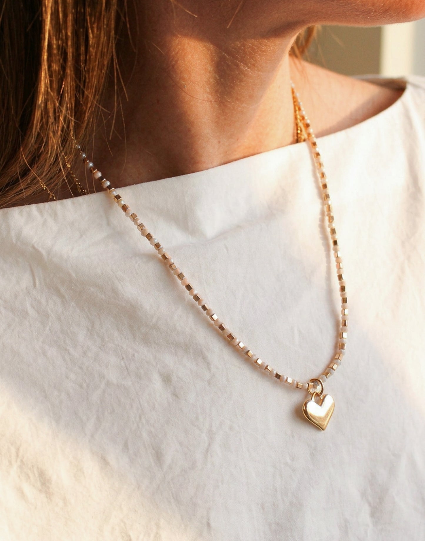 Dainty Heart Pendant Necklace | White & Gold Beads