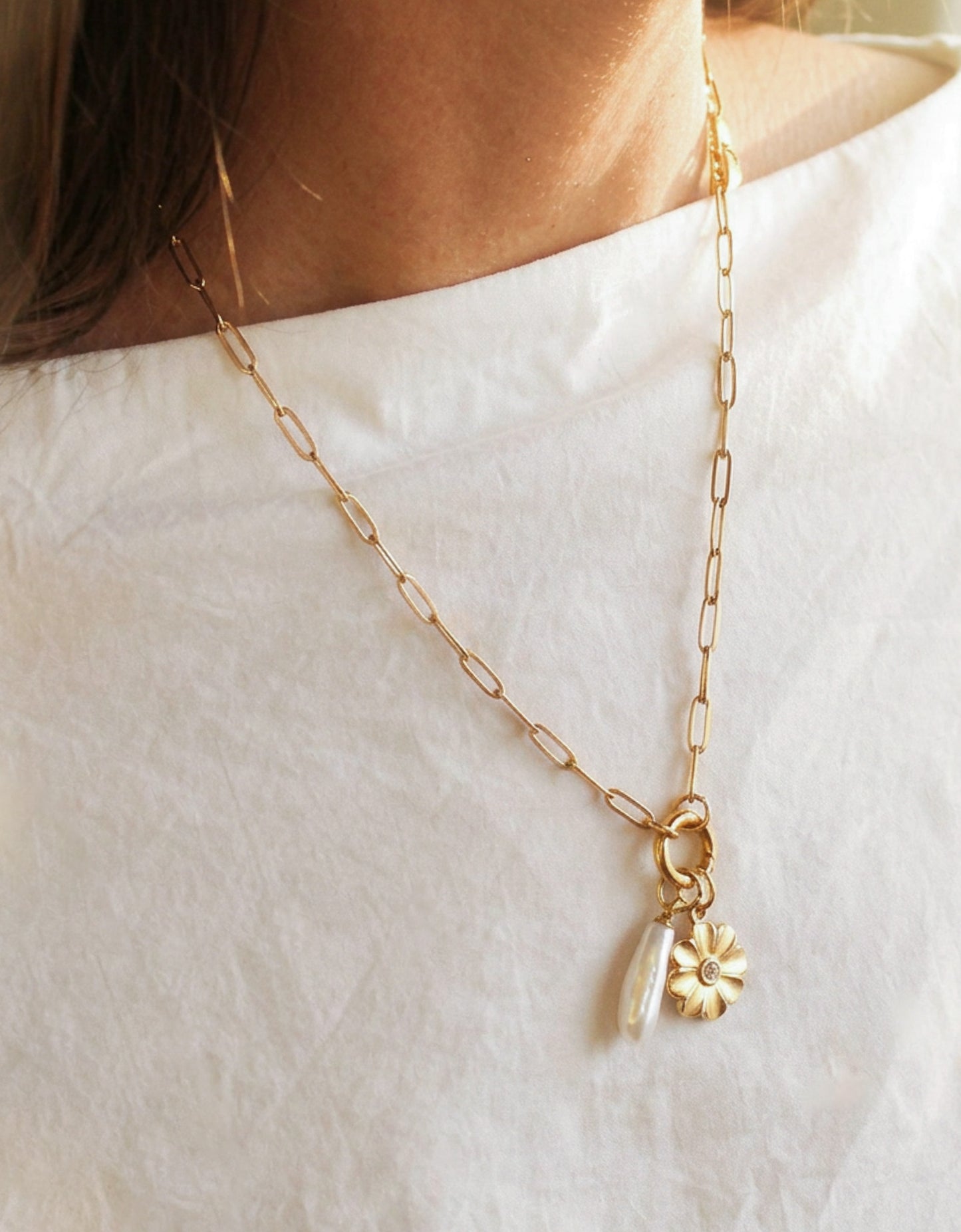 14K Gold Plated Charm Necklace | Freshwater Pearl & Flower Charms