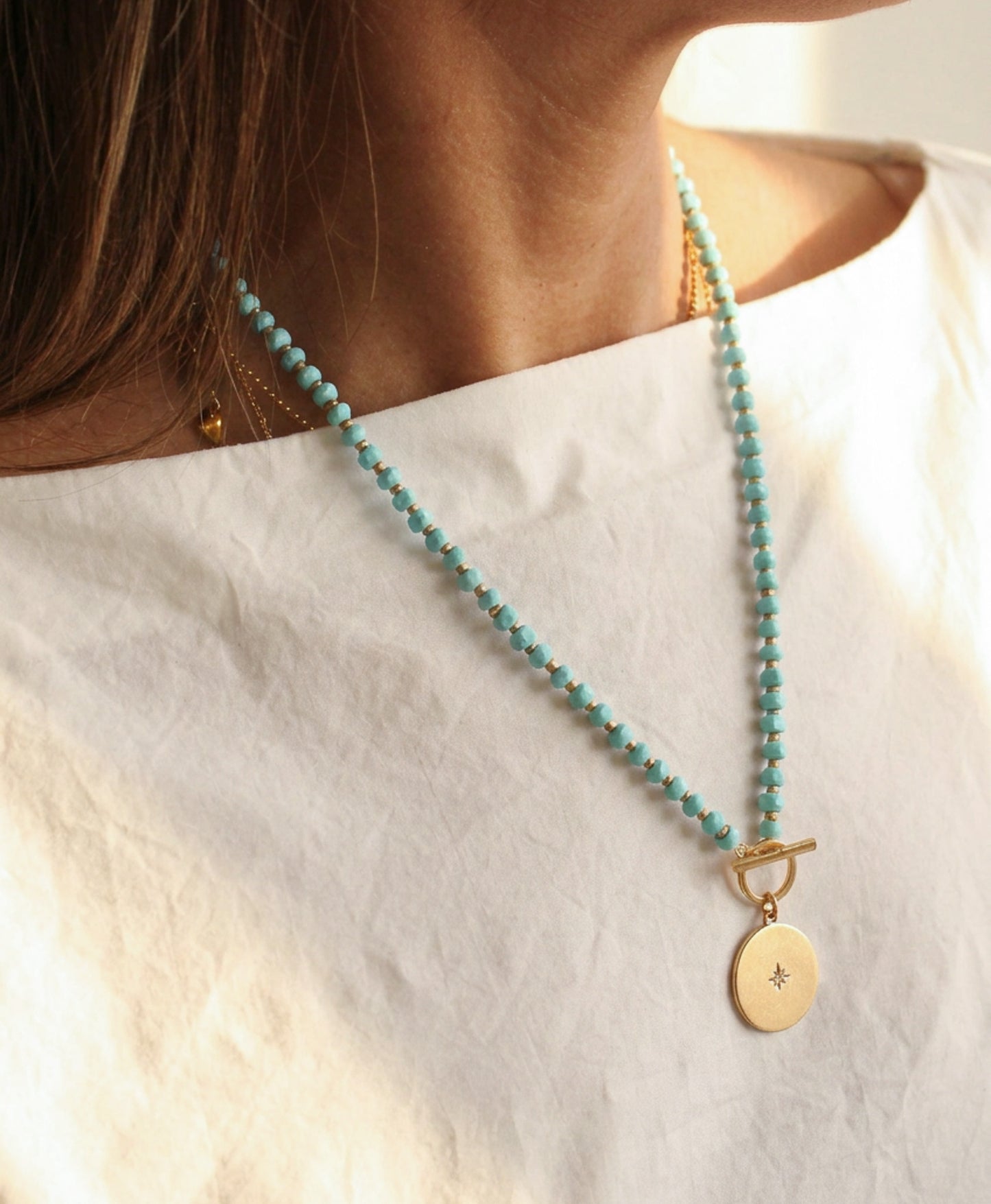 Gold Celestial Pendant Necklace | Turquoise Beads