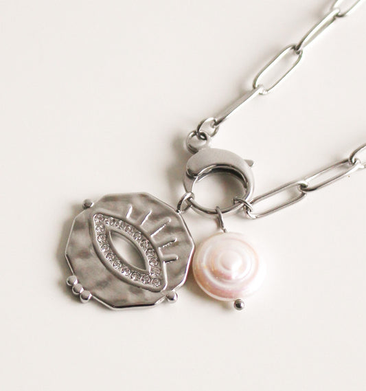 Sterling Silver Plated Charm Necklace | Evil Eye & Freshwater Pearl