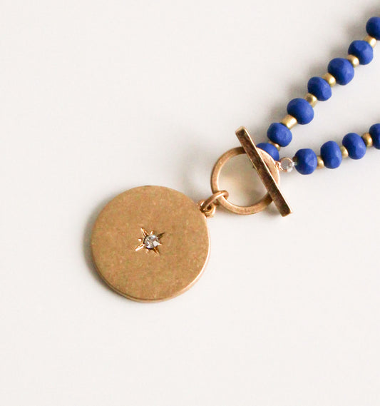 Gold Celestial Pendant Necklace | Blue Beads