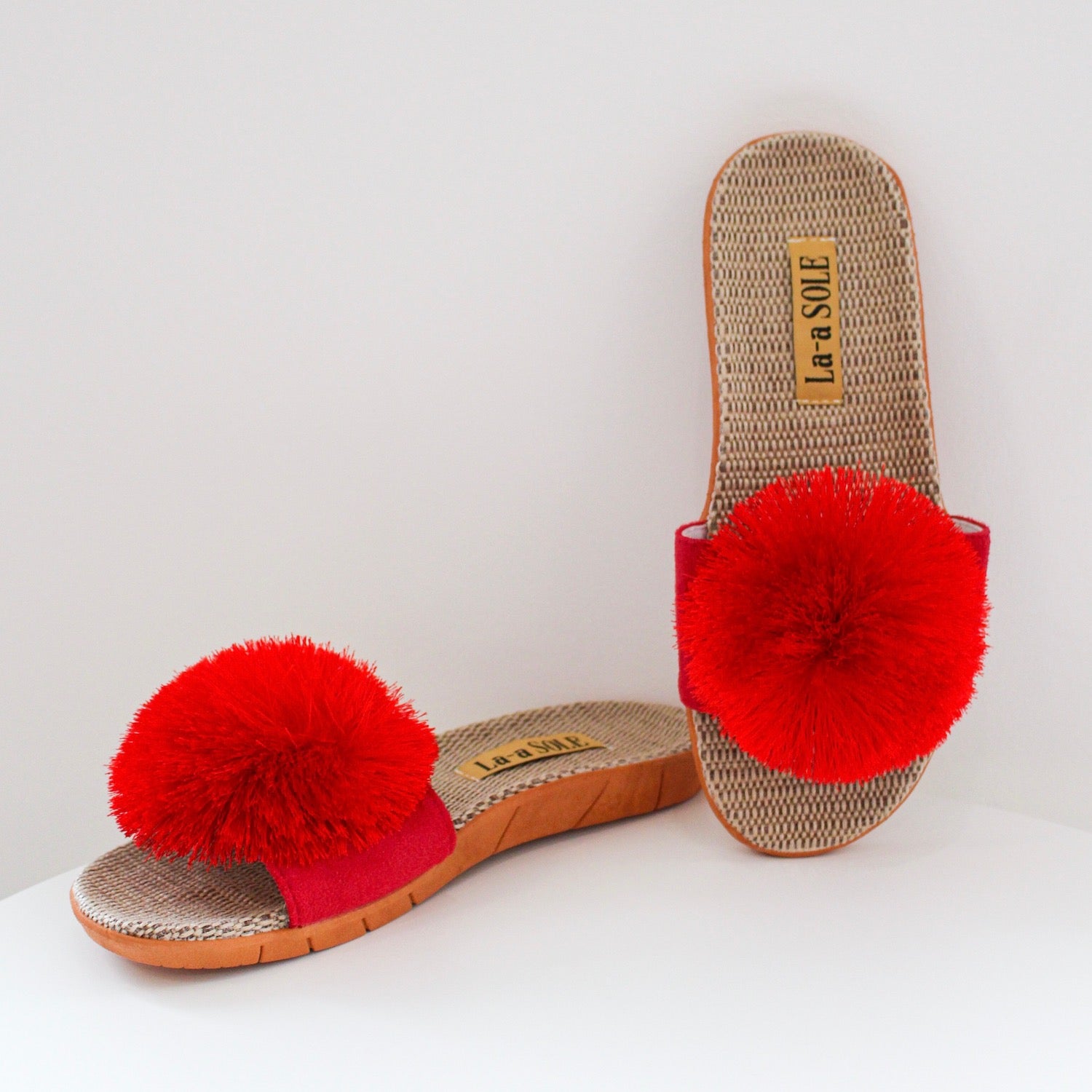 La-a Sole Pom Pom Slides In Red – MeLinda's Fine Gifts