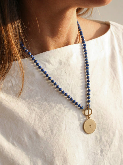 Gold Celestial Pendant Necklace | Blue Beads