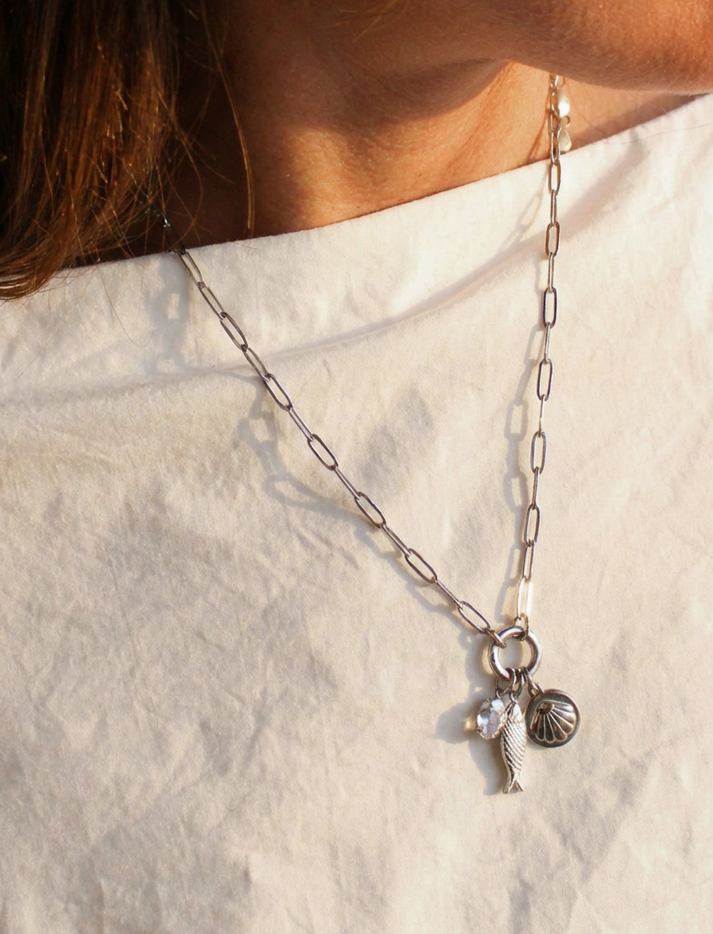 Sterling Silver Plated Charm Necklace | Crystal, Fish & Shell Charms