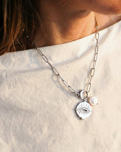 Sterling Silver Plated Charm Necklace | Evil Eye & Freshwater Pearl