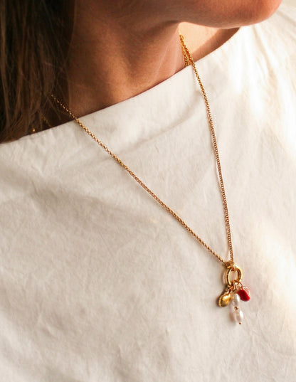 14K Gold Plated Charm Necklace | Pearl, Shell & Pomegranate Charms