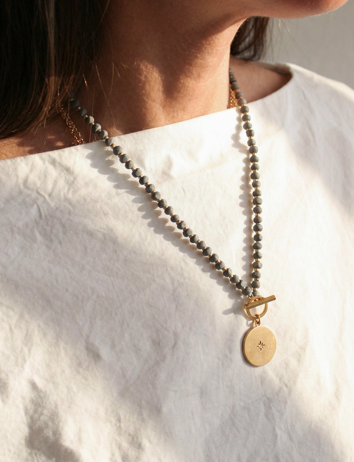 Gold Celestial Pendant Necklace | Grey Beads
