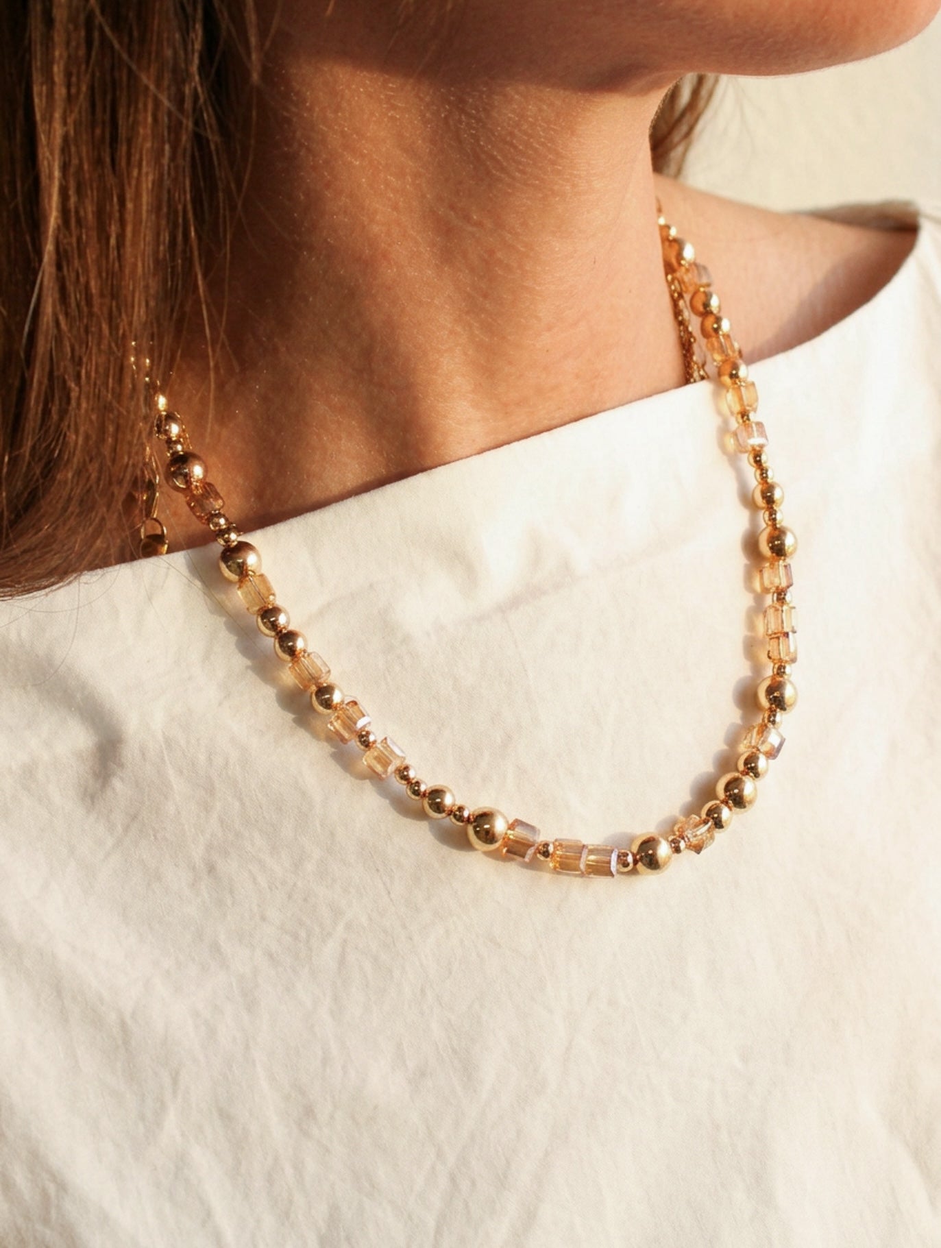 Elegant Mixed Stone Beaded Short Necklace | Square & Round Beads