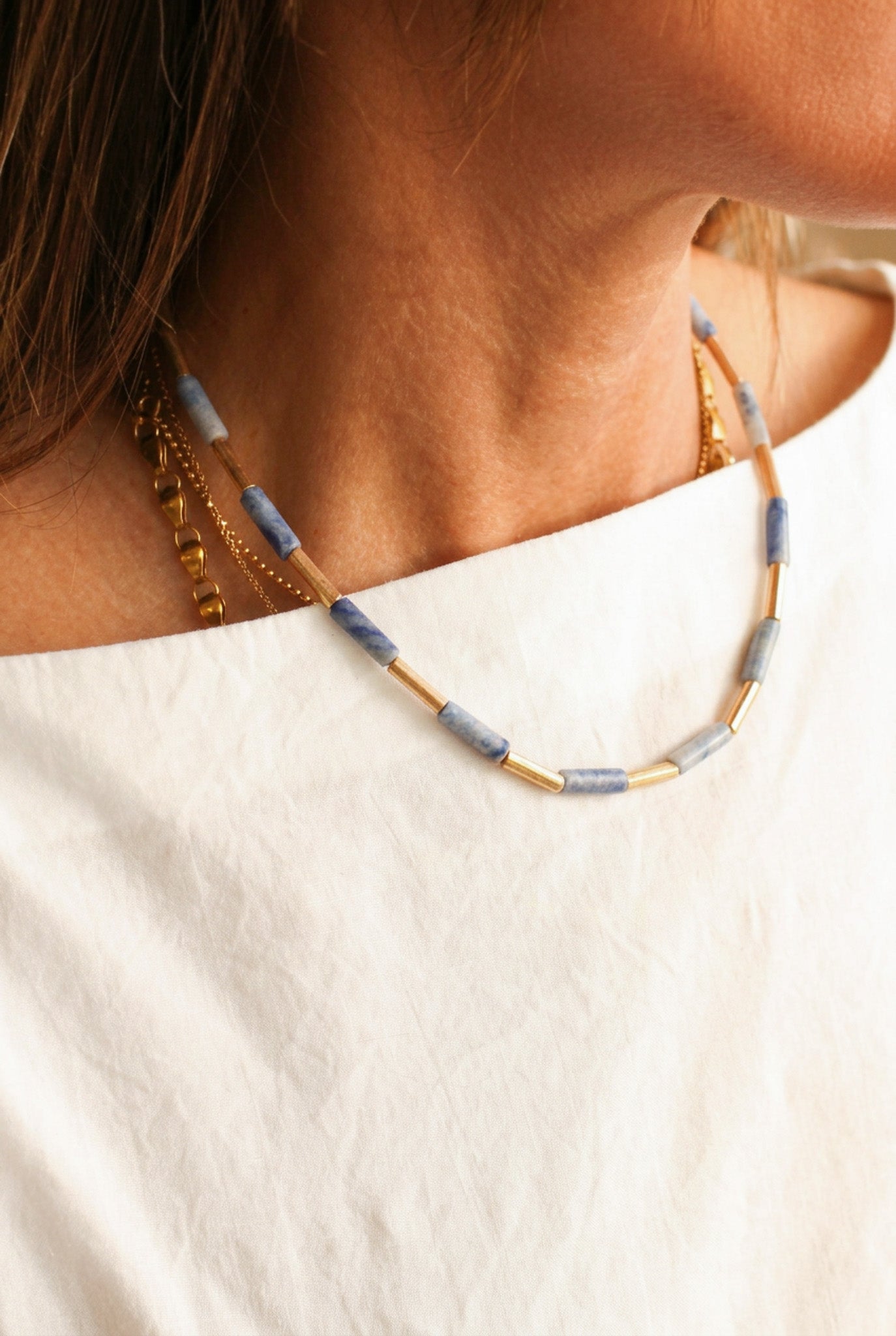 Natural Marbled Blue Stone Necklace | Gold Spacers