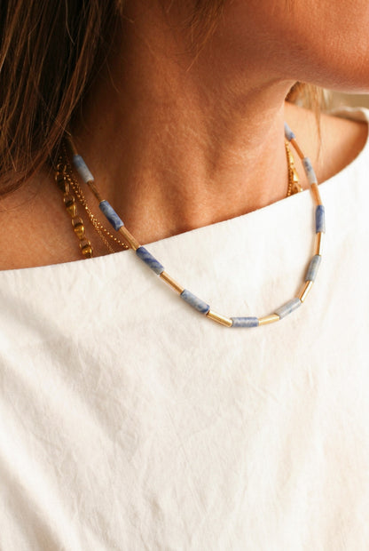 Natural Marbled Blue Stone Necklace | Gold Spacers