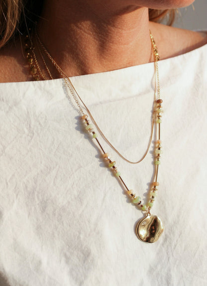 Double Layer Natural Stone Necklace | Hammered Gold Pendant