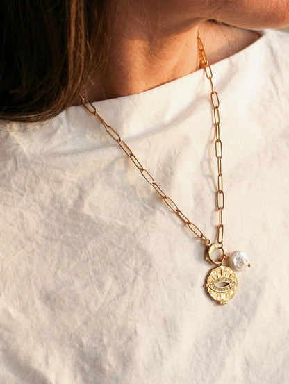 14K Gold Plated Charm Necklace | Evil Eye & Freshwater Pearl