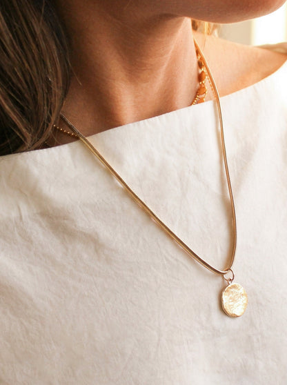 Chunky Gold Snake Chain Necklace | Hammered Medallion