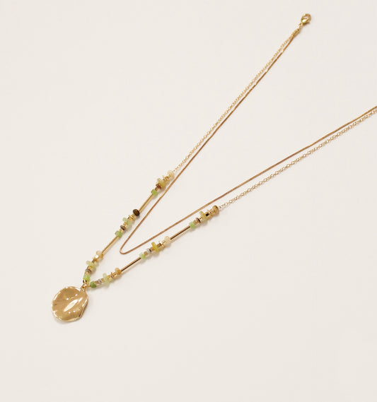Double Layer Natural Stone Necklace | Hammered Gold Pendant