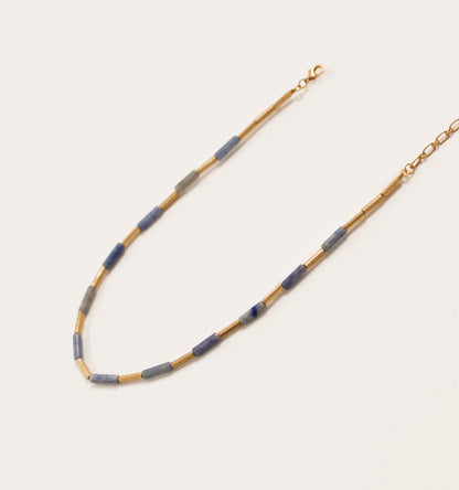 Natural Marbled Blue Stone Necklace | Gold Spacers