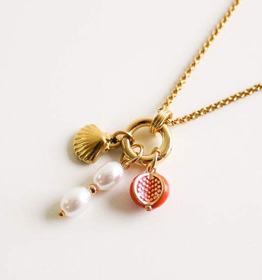 14K Gold Plated Charm Necklace | Pearl, Shell & Pomegranate Charms