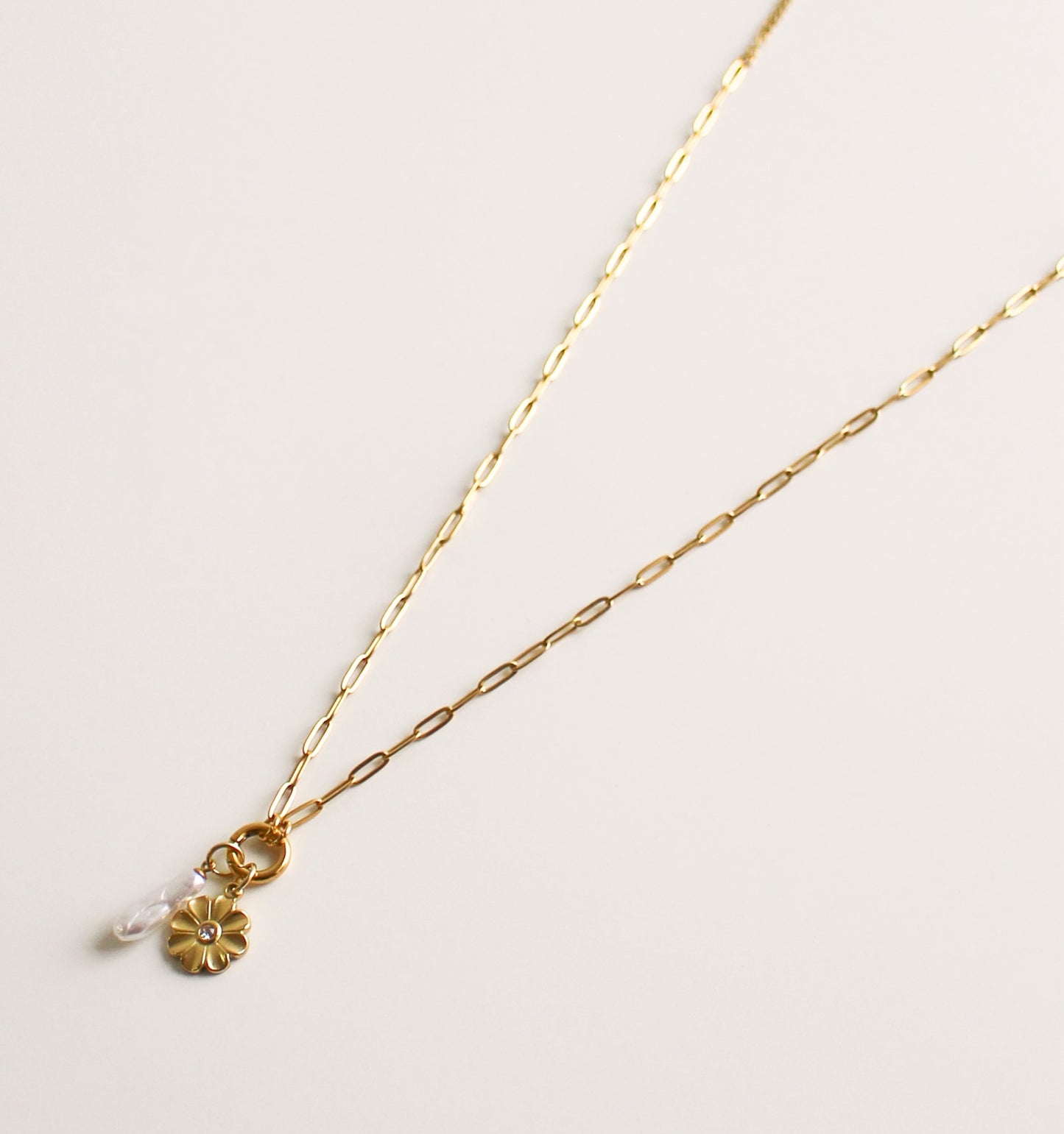 14K Gold Plated Charm Necklace | Freshwater Pearl & Flower Charms