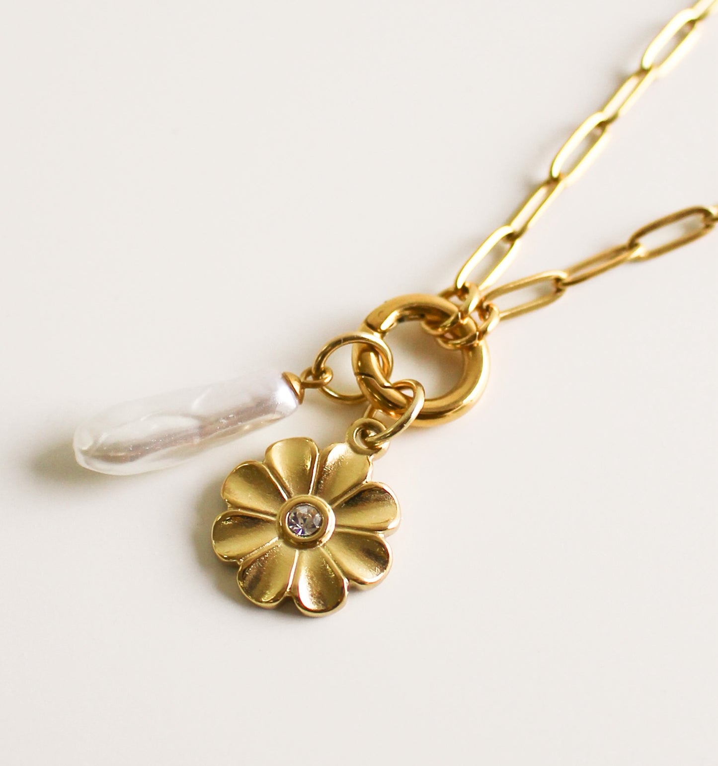 14K Gold Plated Charm Necklace | Freshwater Pearl & Flower Charms