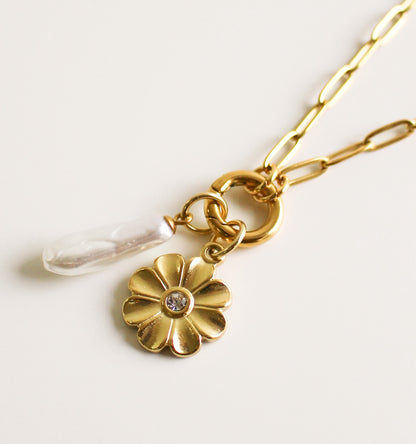 14K Gold Plated Charm Necklace | Freshwater Pearl & Flower Charms