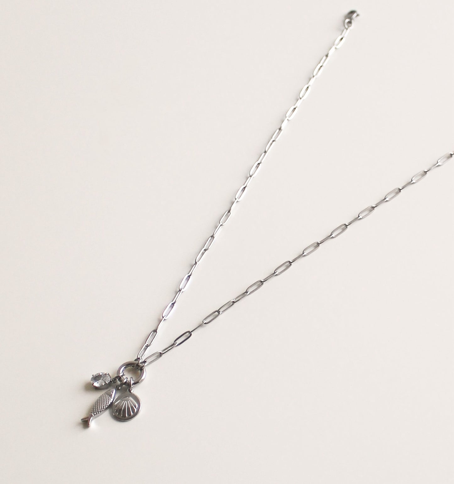 Sterling Silver Plated Charm Necklace | Crystal, Fish & Shell Charms