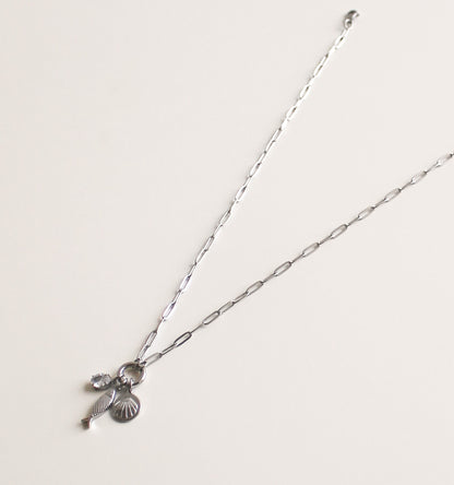 Sterling Silver Plated Charm Necklace | Crystal, Fish & Shell Charms