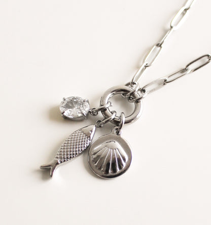 Sterling Silver Plated Charm Necklace | Crystal, Fish & Shell Charms