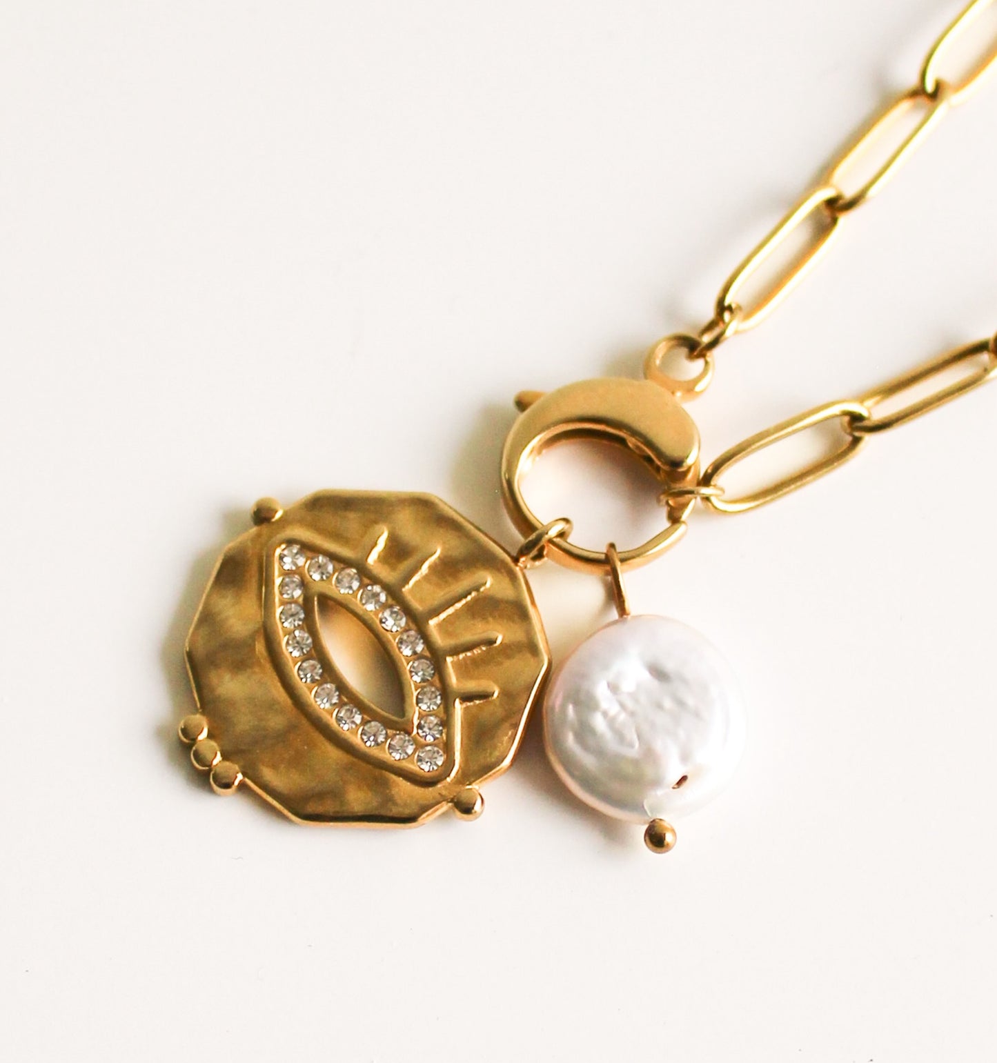 14K Gold Plated Charm Necklace | Evil Eye & Freshwater Pearl
