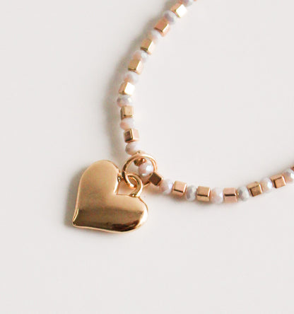 Dainty Heart Pendant Necklace | White & Gold Beads