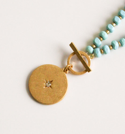 Gold Celestial Pendant Necklace | Turquoise Beads