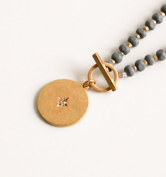 Gold Celestial Pendant Necklace | Grey Beads