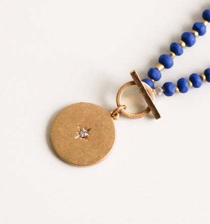 Gold Celestial Pendant Necklace | Blue Beads