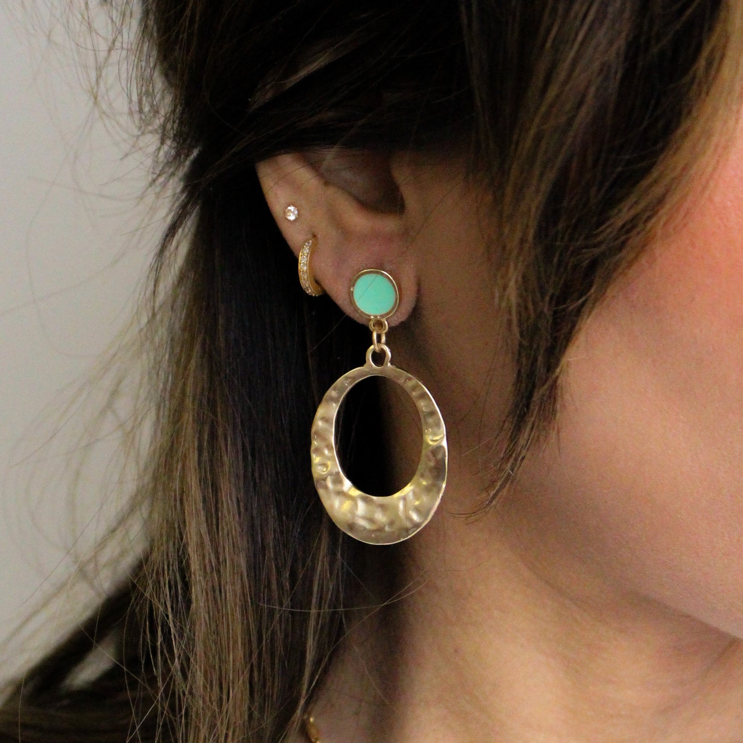 Dangling Oval Earrings | Hammered Gold Finish w/ Green Epoxy