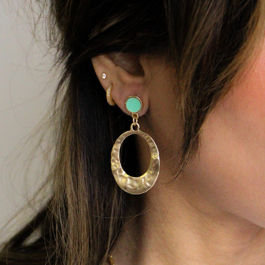 Dangling Oval Earrings | Hammered Gold Finish w/ Green Epoxy