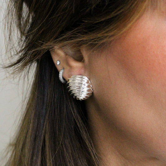 Silver Ribbed Dome | Stud Earrings