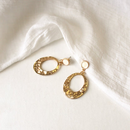 Dangling Oval Earrings | Hammered Gold with White Epoxy