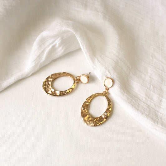 Dangling Oval Earrings | Hammered Gold with White Epoxy