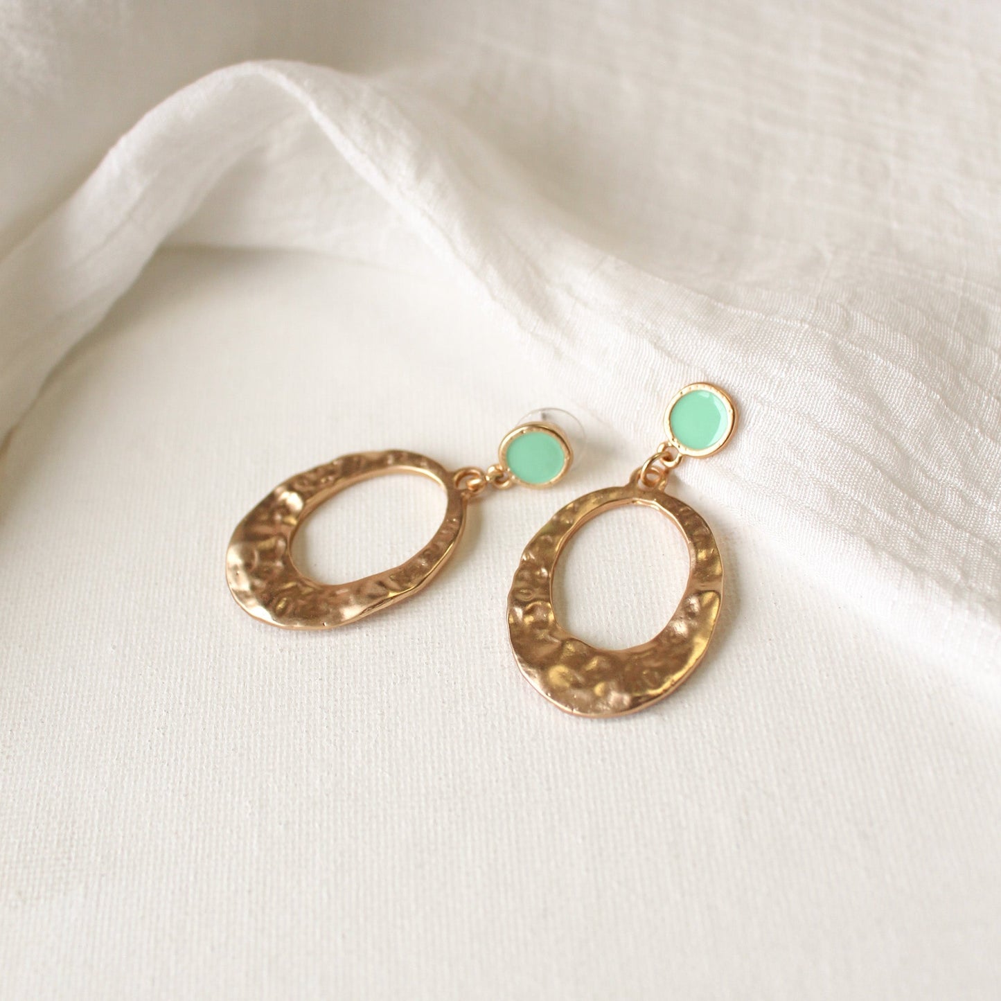 Dangling Oval Earrings | Hammered Gold Finish w/ Green Epoxy