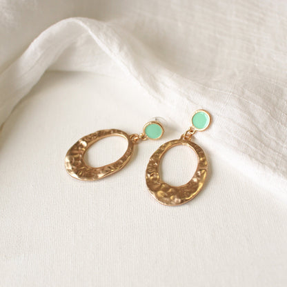 Dangling Oval Earrings | Hammered Gold Finish w/ Green Epoxy