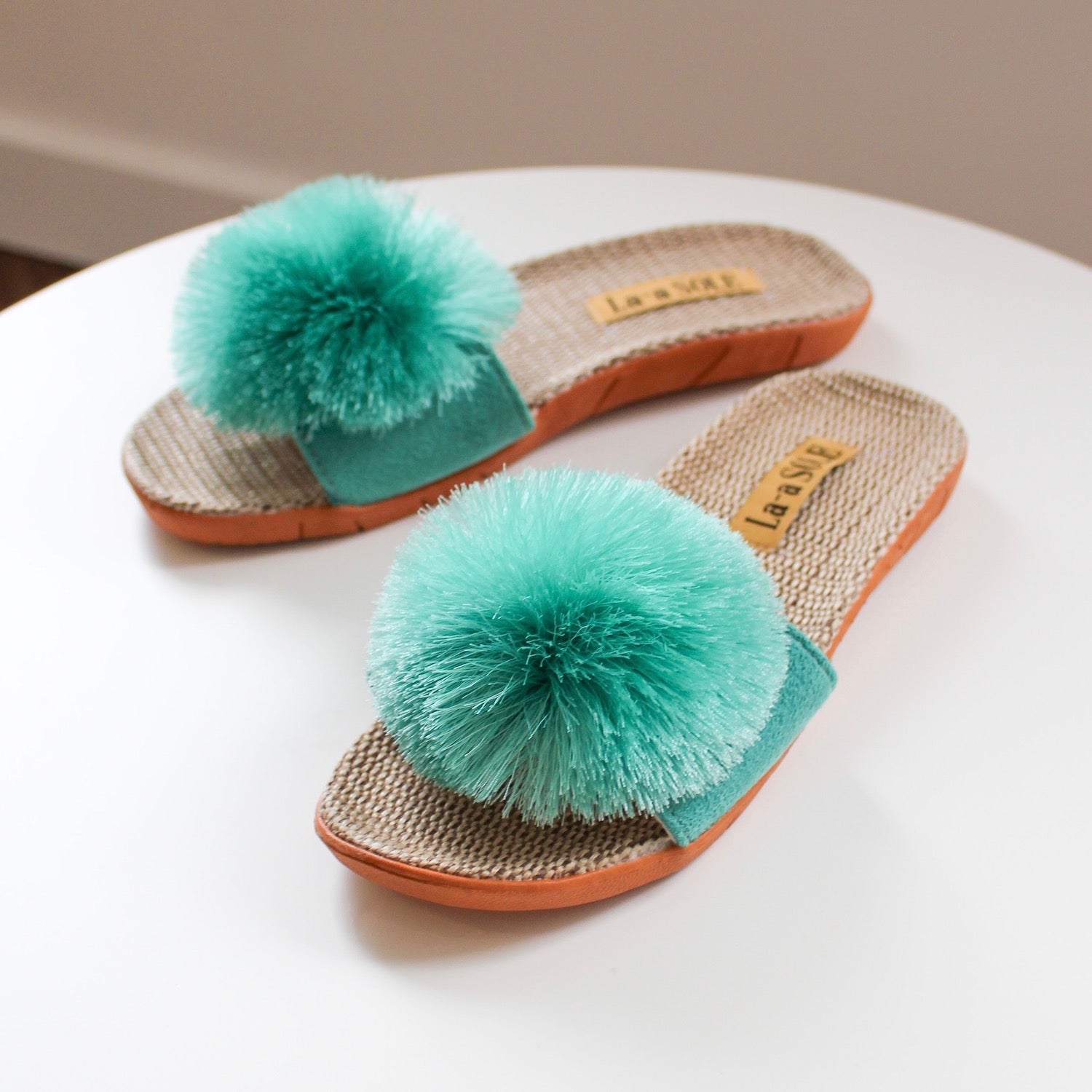 LA-A Sole Pom Pom Slides in Yellow L