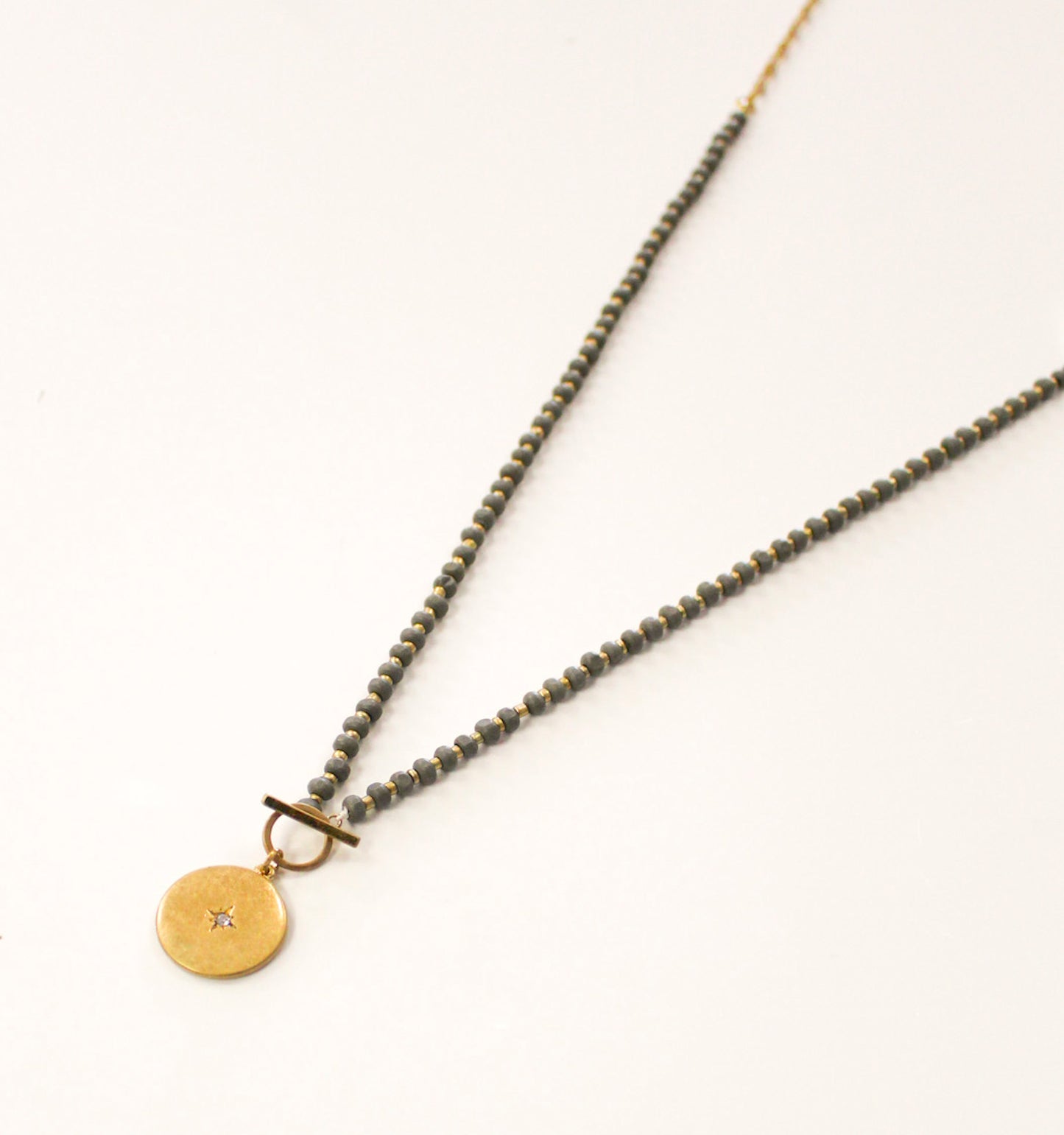 Gold Celestial Pendant Necklace | Grey Beads