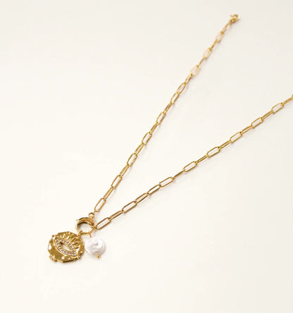 14K Gold Plated Charm Necklace | Evil Eye & Freshwater Pearl