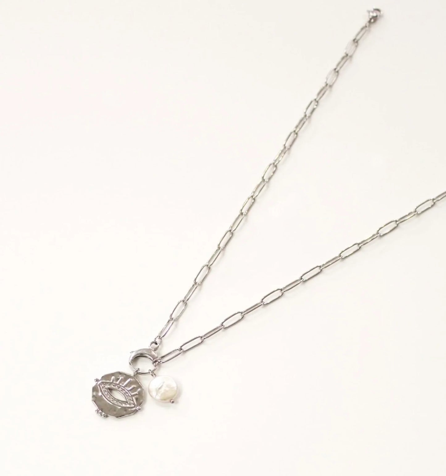 Sterling Silver Plated Charm Necklace | Evil Eye & Freshwater Pearl