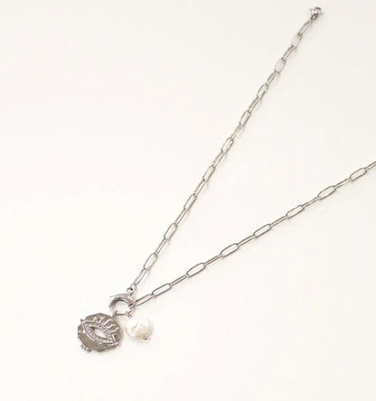 Sterling Silver Plated Charm Necklace | Evil Eye & Freshwater Pearl